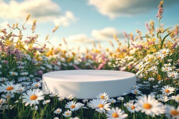 White round podium in daisy field, product display scene or mockup for beauty cosmetics advertising with copy space, summer nature background, 3D rendering