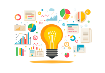 Light bulb illustration with graphs, charts, and data sheets isolated on transparent background