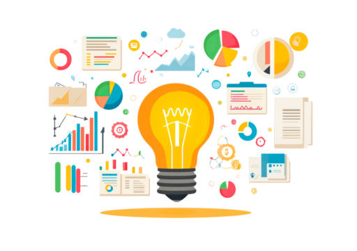 Light bulb illustration with graphs, charts, and data sheets isolated on transparent background - Powered by Adobe