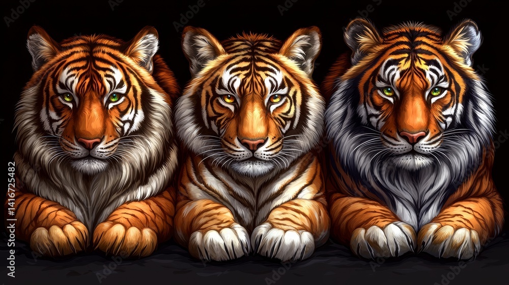 Poster trio of majestic tigers displaying intricate patterns and textures in a captivating pose reflecting 
