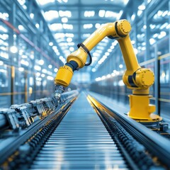 Automated arm at a factory with a production line in light blue tones