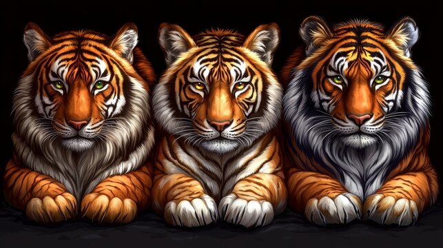 Trio of majestic tigers displaying intricate patterns and textures in a captivating pose reflecting their regal nature and wild beauty