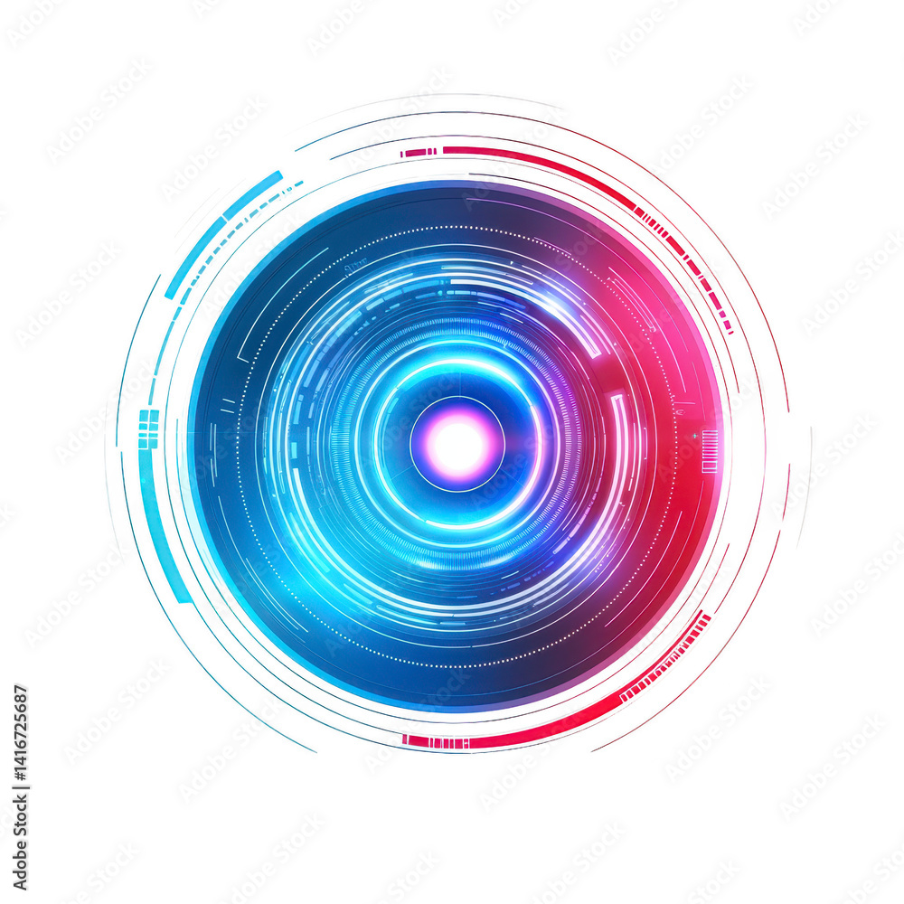 Poster futuristic digital interface with glowing circular design blue and pink hues, resembling high tech t