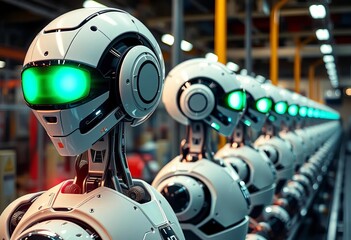 Fototapeta premium Sleek futuristic robots with glowing eyes on assembly line, industry, complex