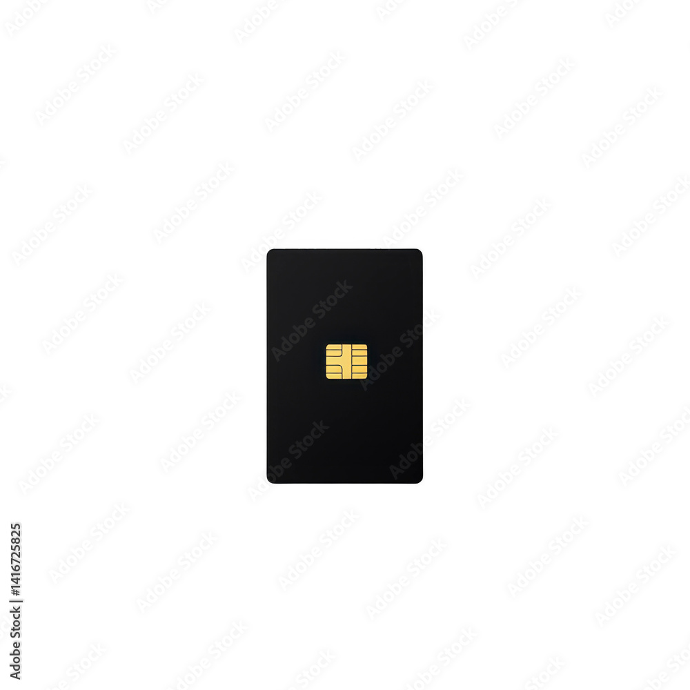Poster black sim card with visible gold chip is isolated on transparency background, highlighting its compa