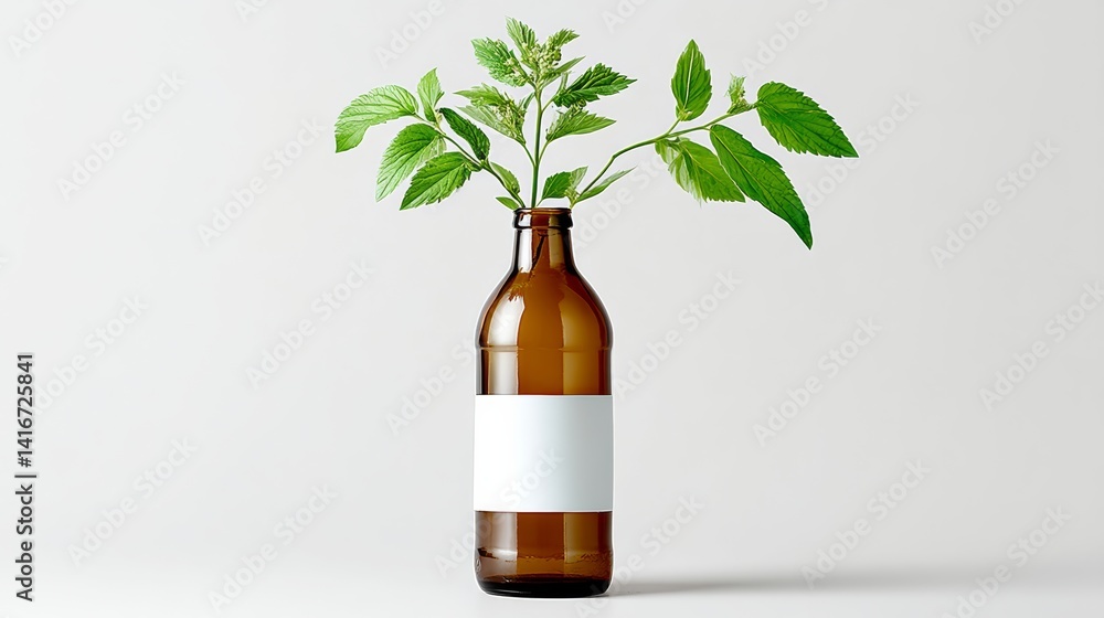 Poster brown bottle with a white label sits on a white background. the bottle is placed on a table or count
