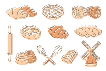 Bread, croissant, bun, apple pie continuous one line drawing icon set isolated on a white background. Whisk, rolling pin, windmill elements. Outline bakery brown collections. Vector illustration