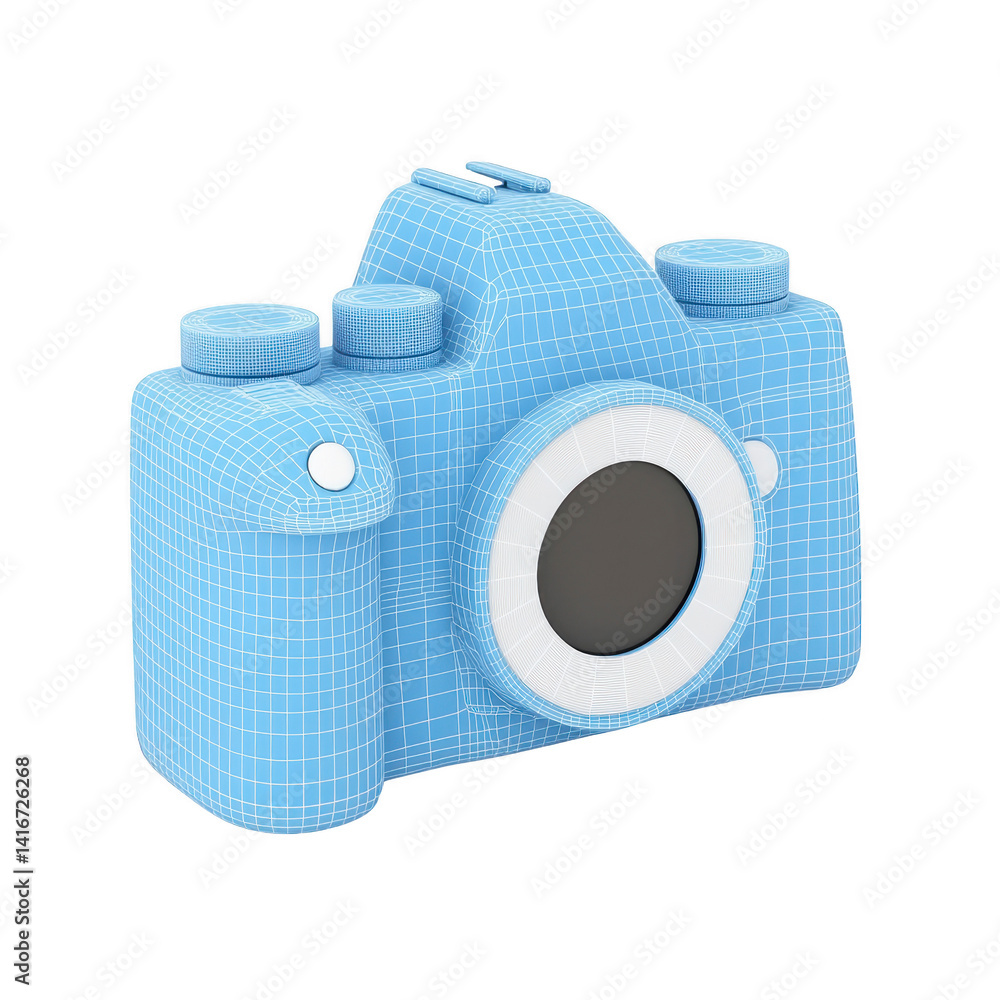 Poster 3d wireframe model of digital camera in light blue, showcasing intricate design details and structur