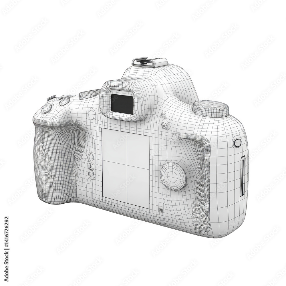 Poster 3d wireframe model of digital camera showcasing intricate details and design elements, highlighting 