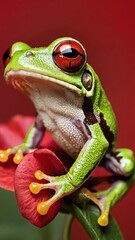 Naklejka premium Tree frog over a red flower