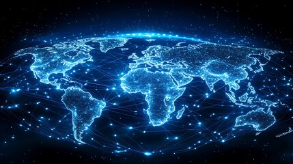 Digital World Map with Glowing Nodes, A digital world map with glowing red and blue nodes connected by lines