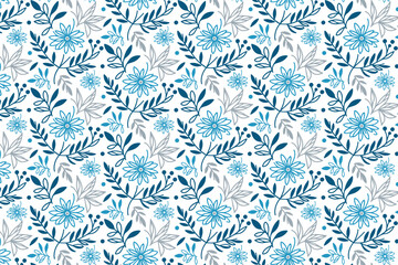 trendy blue line floral pattern with decorative outlines for wrapping paper textile surfaces and stylish women fashion

