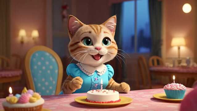 A cat sits happily at a table with a birthday cake and cupcakes