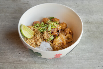 Delicious pad thai close-up food photography in urban markets
