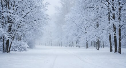 Fototapeta premium Serene Winter Wonderland Snow-Covered Path Through a Misty Forest