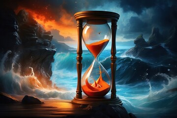 Hourglass Flowing on Rocky Coastline with Ocean Waves and Cloudy Sky