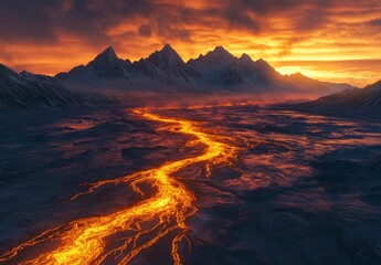 Lava River Flowing Through Volcanic Landscape Towards Snowy Mountains at Sunset