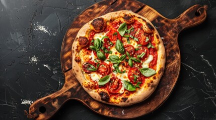Delicious Margherita Pizza with Basil on a Rustic Wooden Cutting Board