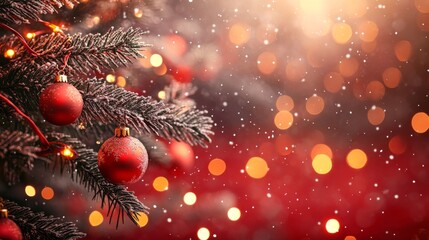 Red Christmas Ornaments on Snowy Tree Branch with Warm Lights