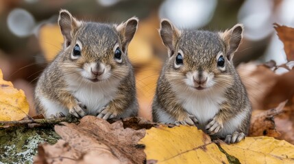 Adorable twin baby squirrels with curious gaze perched amongst autumn foliage a heartwarming wildlife portrait amidst nature's gentle hues and textures