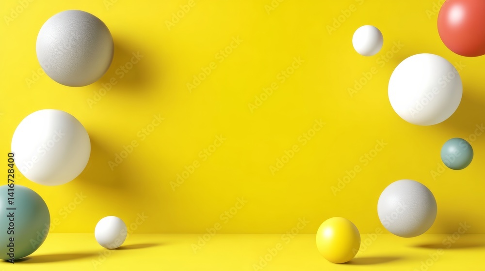 Poster yellow background with a bunch of different colored balls scattered around it. the balls are of vari