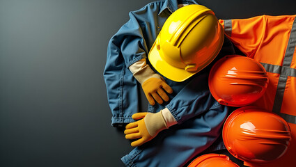Labor Day Gear Showcase: Safety Helmets, Gloves & High Visibility Apparel for Industrial Strength & Resilience - Perfectly Arranged with Space for Text