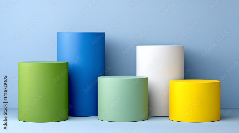 Poster row of five tall, colorful cylinders arranged in a line. the cylinders are made of plastic and are o