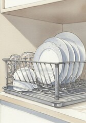 Dessin vaisselle etagere lumieres douces. AI Generated