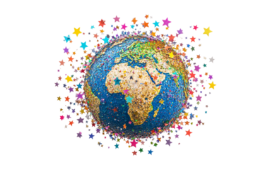 A cosmic-inspired illustration of a globe with a halo of multicolored stars Isolated on transparent background.