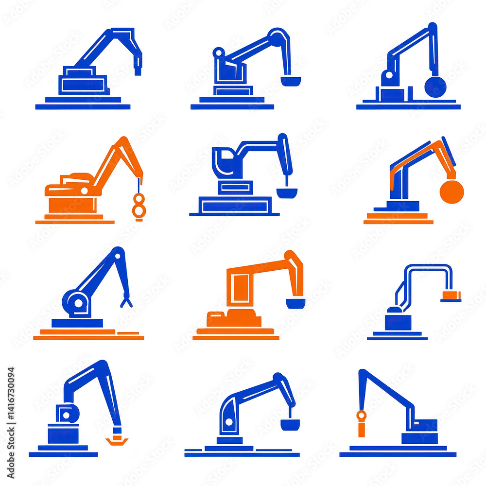 Poster array set of twelve blue and orange construction crane icons, each with unique designs, showcasing v