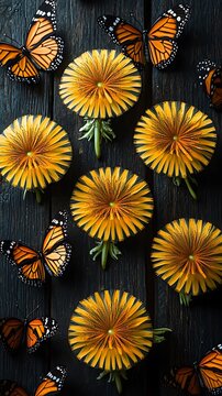 Fototapeta Paper dandelion blossoms and butterflies on dark wood.