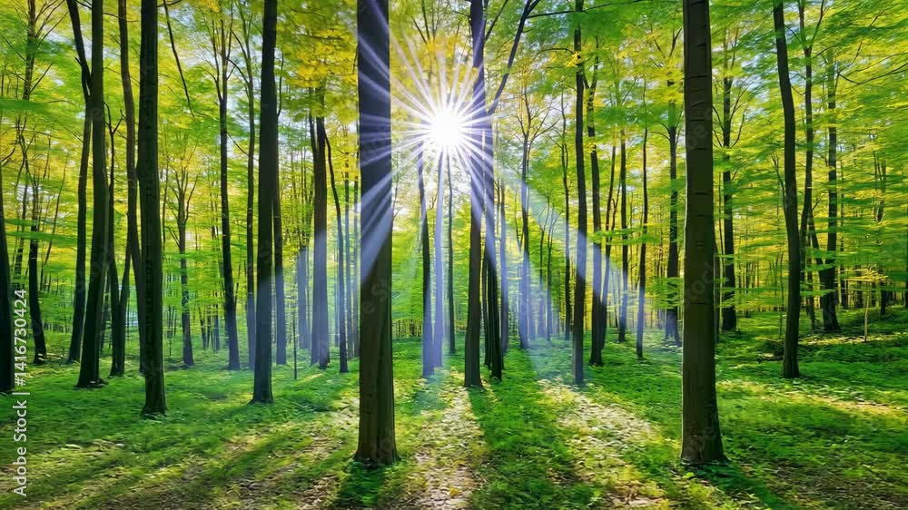 Poster sunlight filtering through a vibrant forest.