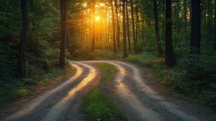 Fototapeta premium Sunset Forest Path: Golden Hour Light on Dirt Road
