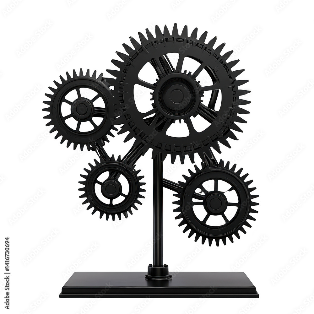 Poster set of interconnected black gears is displayed on stand, showcasing mechanical engineering and indus