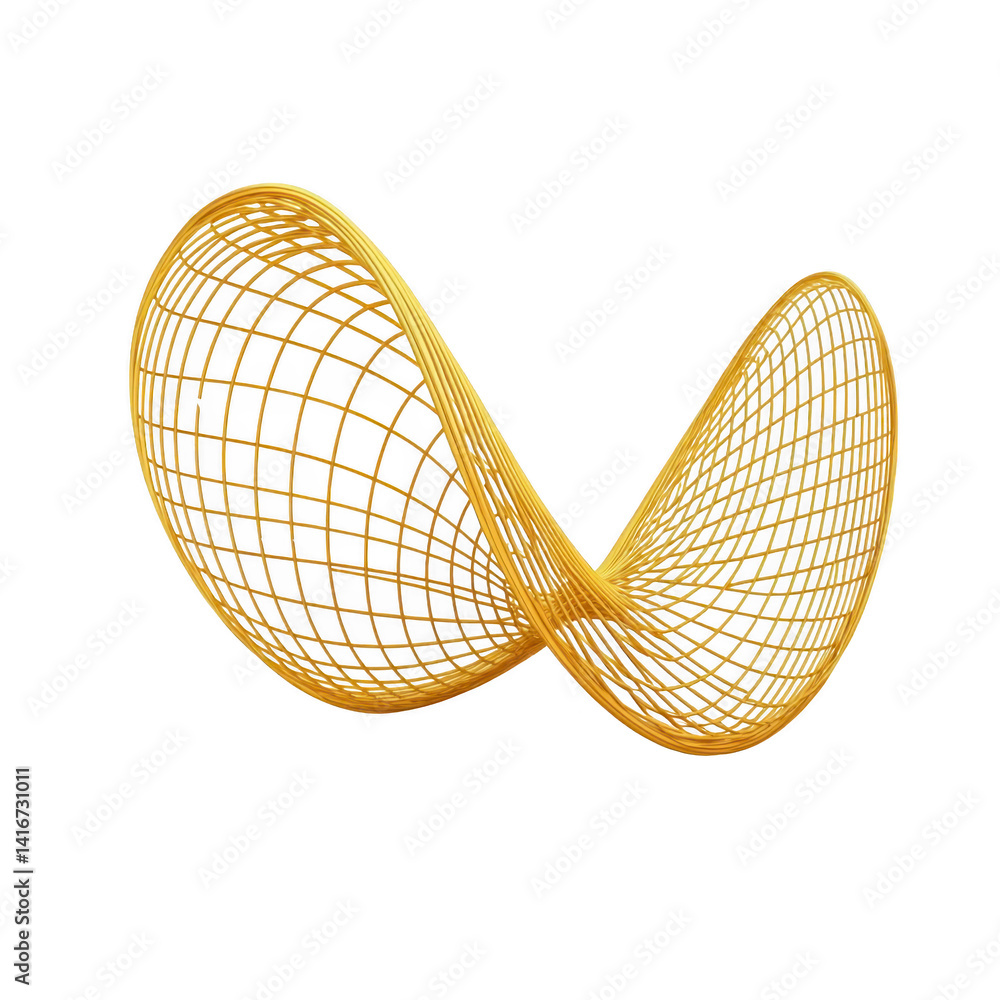 Poster golden, abstract wireframe sculpture with twisted, looped design creates sense of fluidity and elega