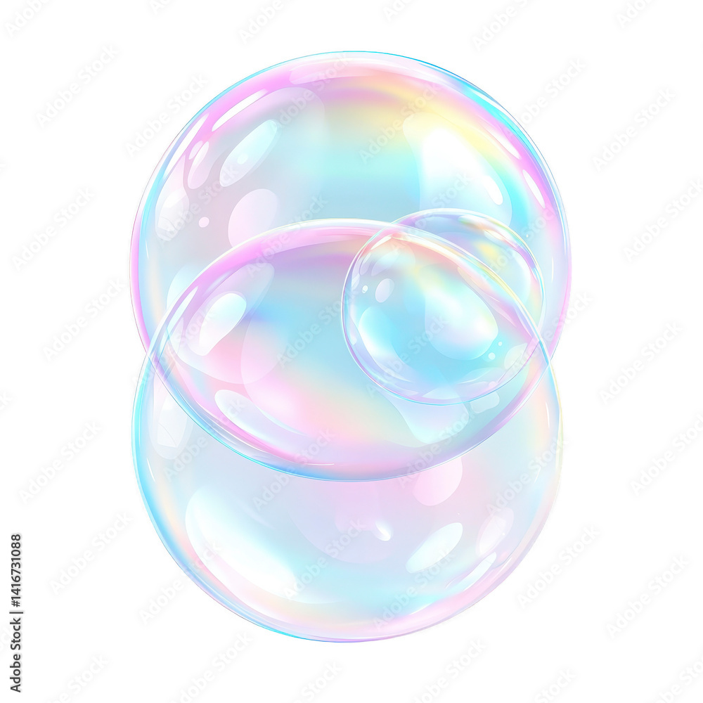 Poster pair of iridescent soap bubbles float against transparent background, displaying spectrum of colors.