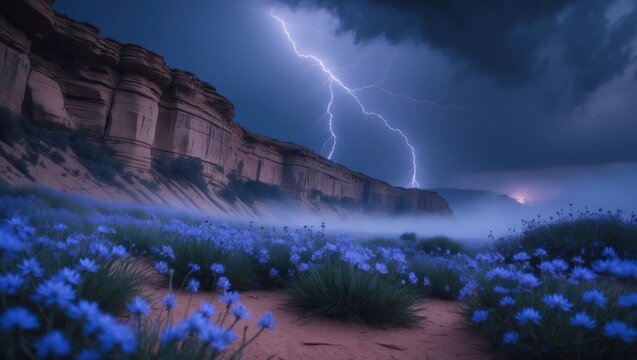 Lightning storm over canyon landscape with blue flowers