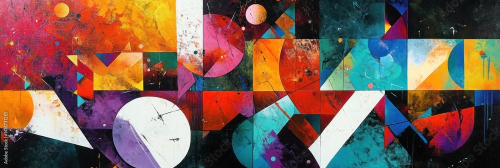 Poster dynamic geometric abstraction with a vibrant color palette and cosmic touch