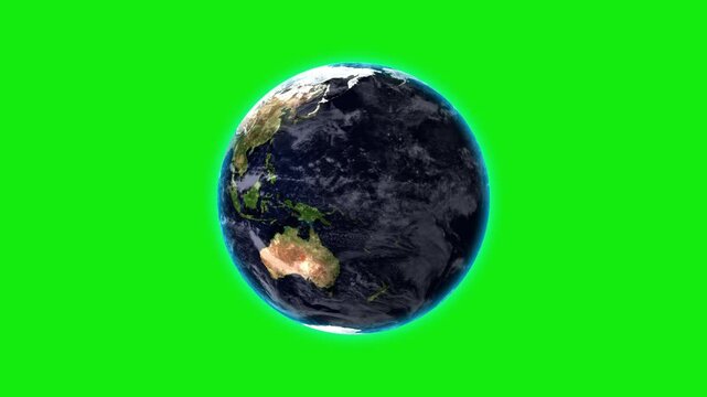 Earth rotating in its galaxy on a green screen background. Seamless loop animation. Planet Earth terra rotating on its axis in the accurate direction. As if fireflies and stars are twinkling around.