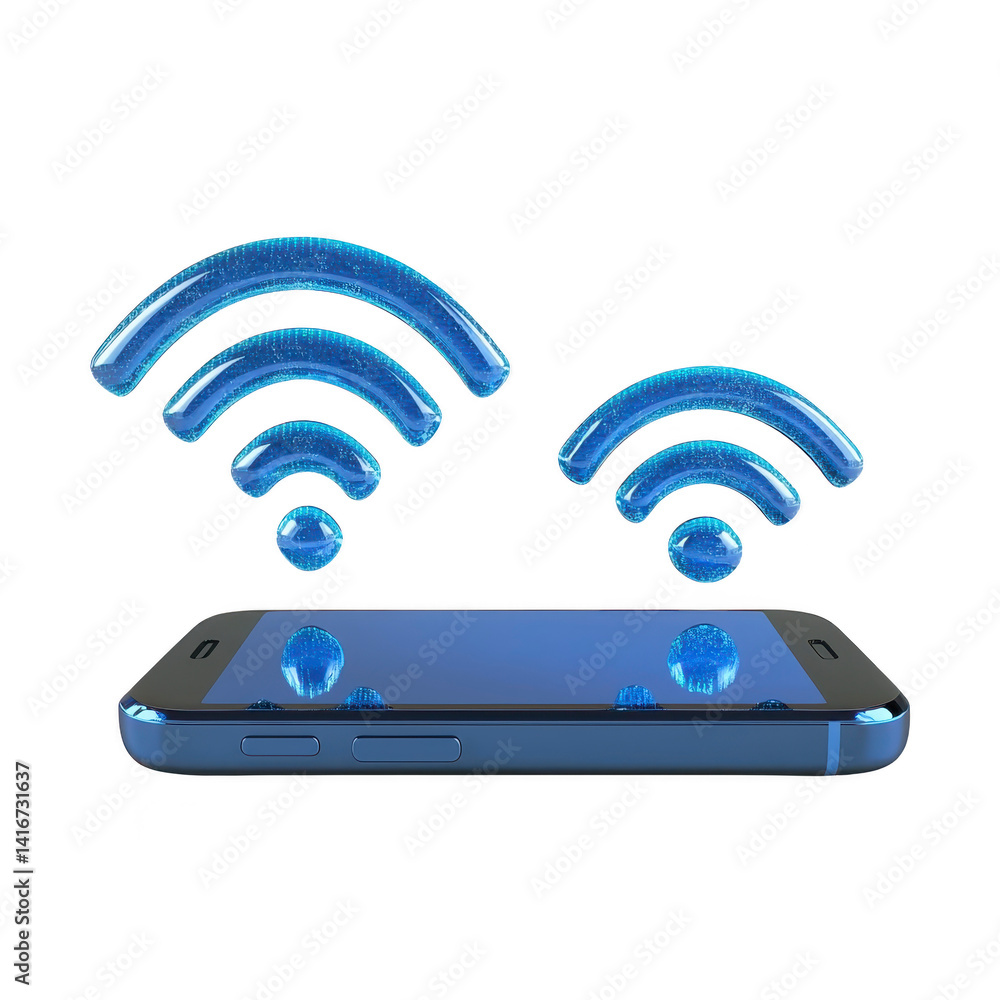 Poster smartphone with blue wireless signals emanating from its screen, symbolizing connectivity and commun