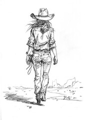 cowgirl walking pencil drawing for card illustration decoration