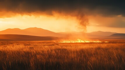 Fototapeta premium Wildfire burning in grassland during sunset with dramatic clouds 