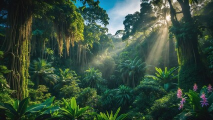 Lush green forest with sunlight and various plants