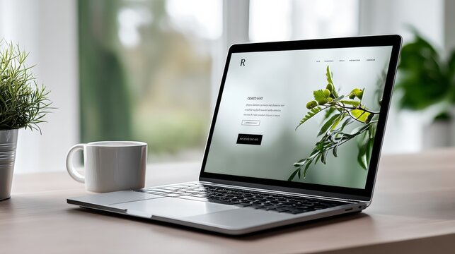 Laptop computer is open on a table with a white coffee cup next to it. The laptop is displaying a website with a leafy green background