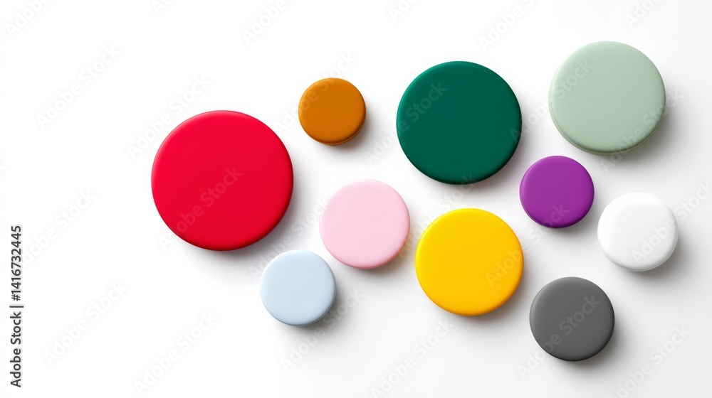 Poster collection of colorful buttons are arranged in a circle on a white background. the buttons come in v