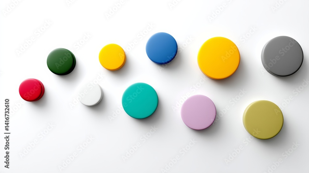 Poster collection of colorful buttons are arranged in a row. the buttons are of various sizes and colors, i