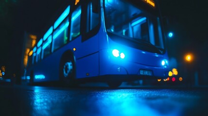 Night bus, blue, city street, reflections