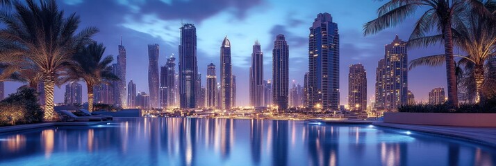 Fototapeta premium Spectacular skyline view reflected on the surface of infinity pool water