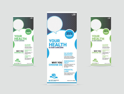 Professional health care and medical roll up design, standee and banner template decoration for exhibition, printing and presentation creative template design.	
