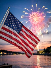 American flag waves proudly beside waterfront with glowing fireworks in evening sky, celebration of freedom and unity

